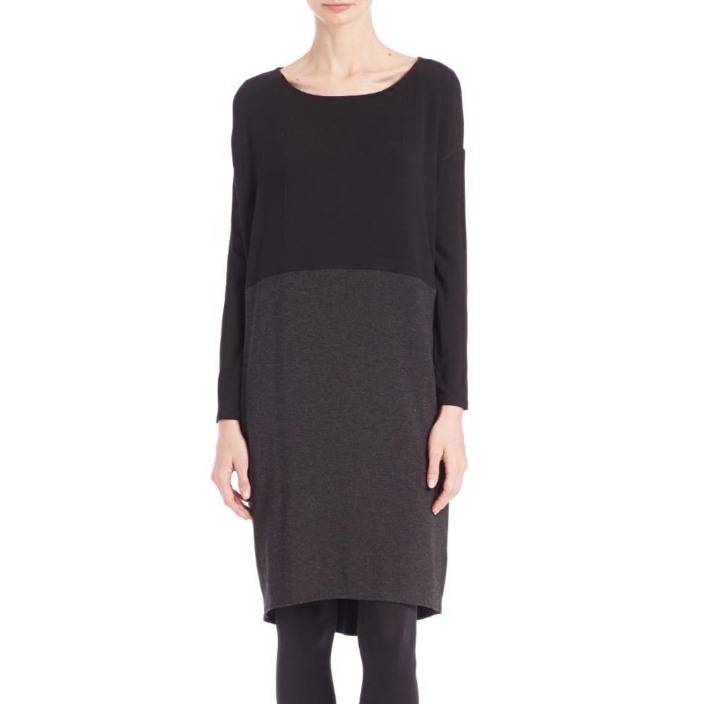 EILEEN FISHER Black & Gray Colorblock Viscose Jersey Dress Size Medium